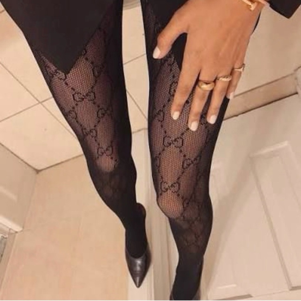Black GG luxury logo print tights